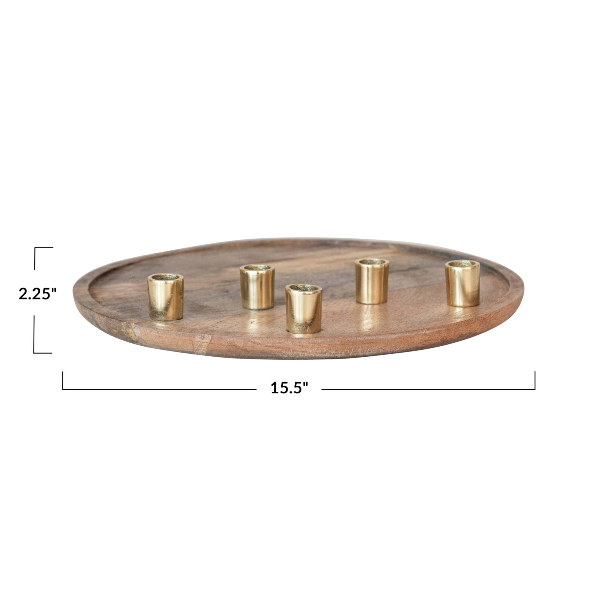 Hello Honey® 15.5" Decorative Natural & Gold Finish Mango Wood & Aluminum Tray Taper Candleholder
